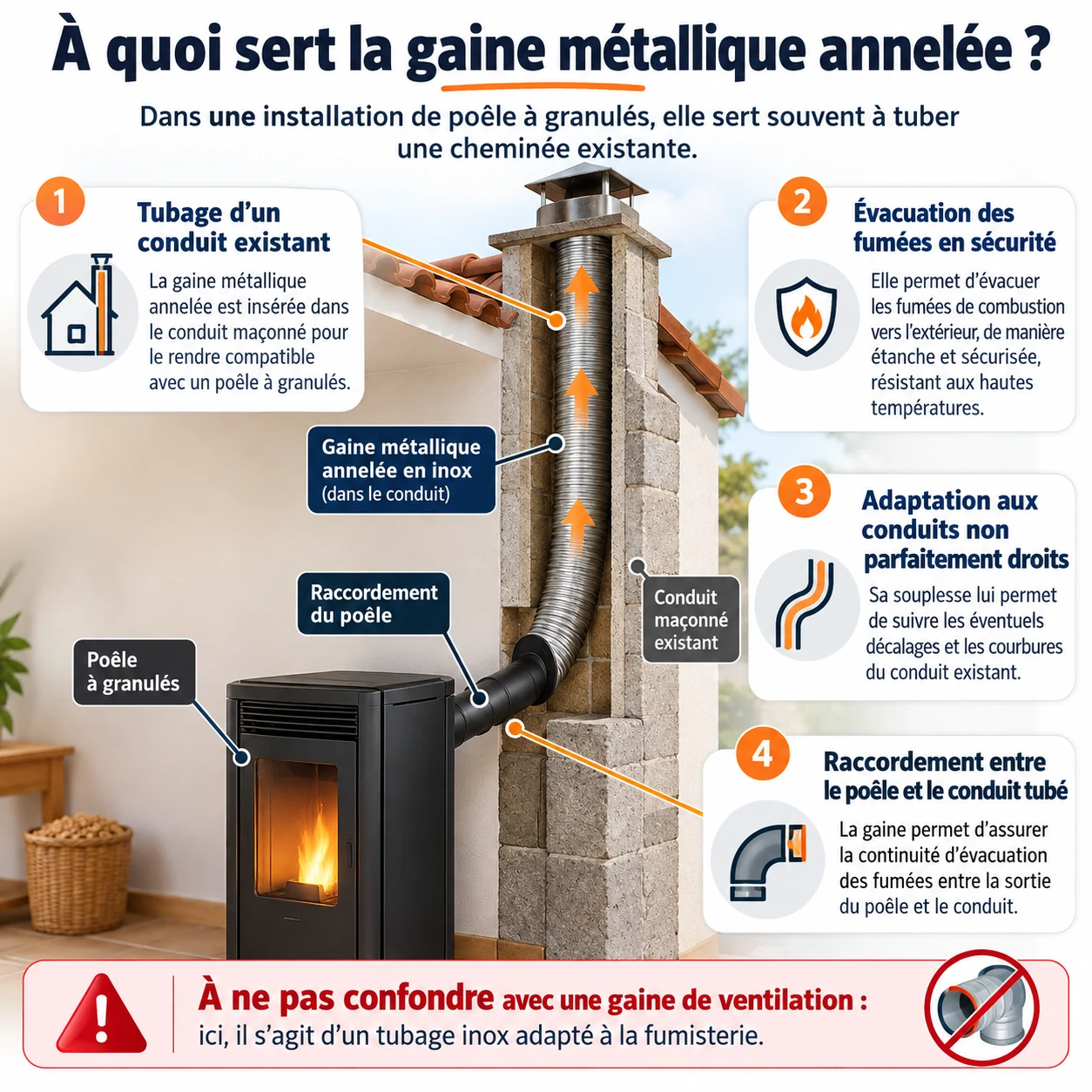 Schéma expliquant le tubage flexible inox annelé dans une cheminée existante pour poêle à granulés