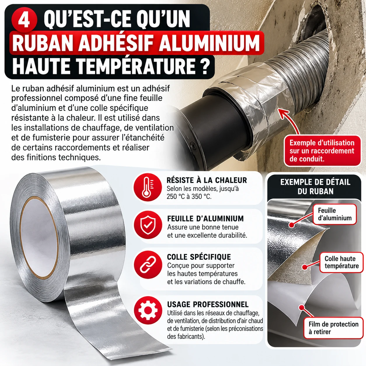 Infographie sur la composition et les usages du ruban adhésif aluminium haute température